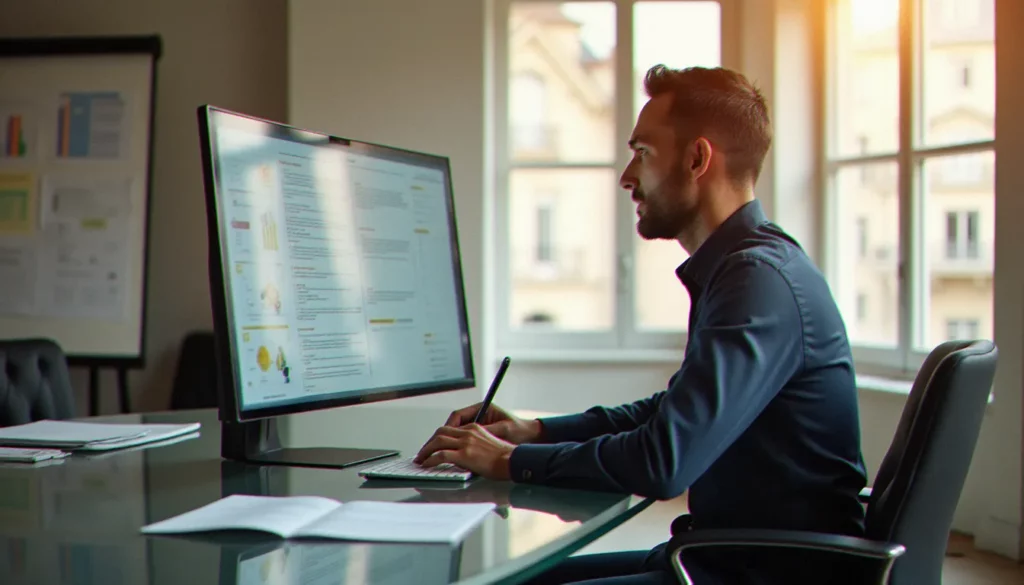 content marketing marketing featured Un consultant B2B examine une stratégie de content marketing marketing sur un grand écran dans un bureau parisien moderne et lumineux