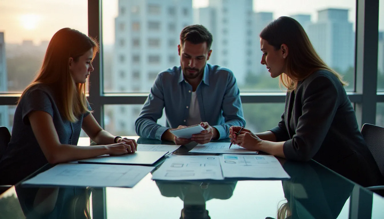 Équipe digitale pluridisciplinaire en réunion stratégique analysant des parcours utilisateurs et des données d'optimisation de l'expérience numérique