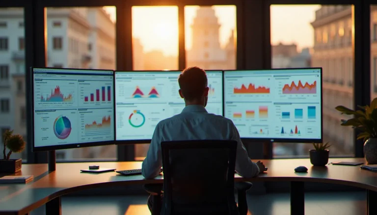 Consultant analysant des données d'expérience utilisateur et des heatmaps Contentsquare sur plusieurs écrans dans un bureau moderne parisien