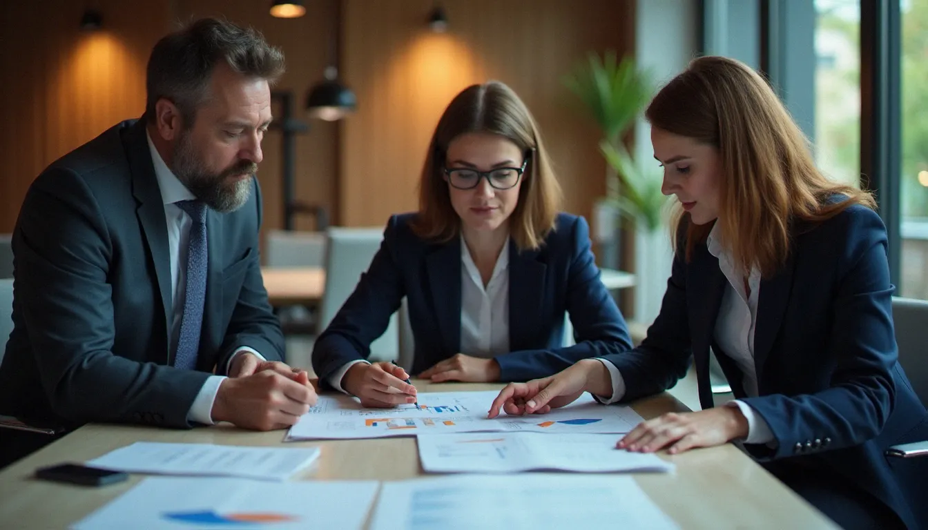 Équipe professionnelle en salle de réunion analysant des propositions commerciales, illustrant l'importance de la rigueur rédactionnelle et de l'orthographe dans les communications B2B