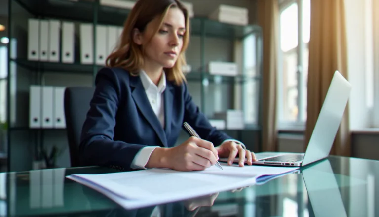 Consultant professionnel à Paris relisant attentivement un document institutionnel, illustrant l'enjeu de l'orthographe du mot corps avec ou sans s dans les communications B2B
