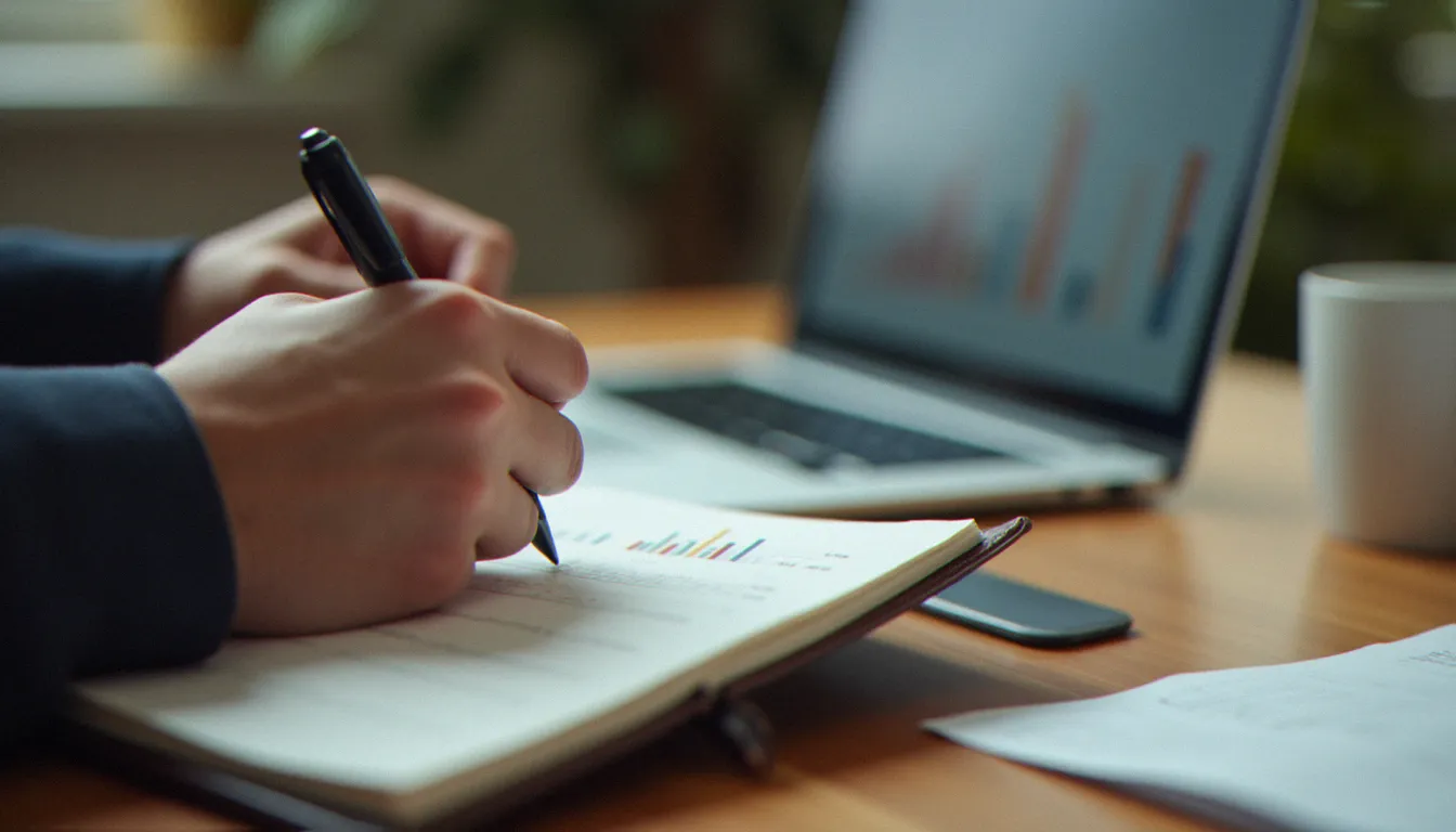 Consultant B2B élaborant une stratégie corporate en prenant des notes structurées dans son bureau
