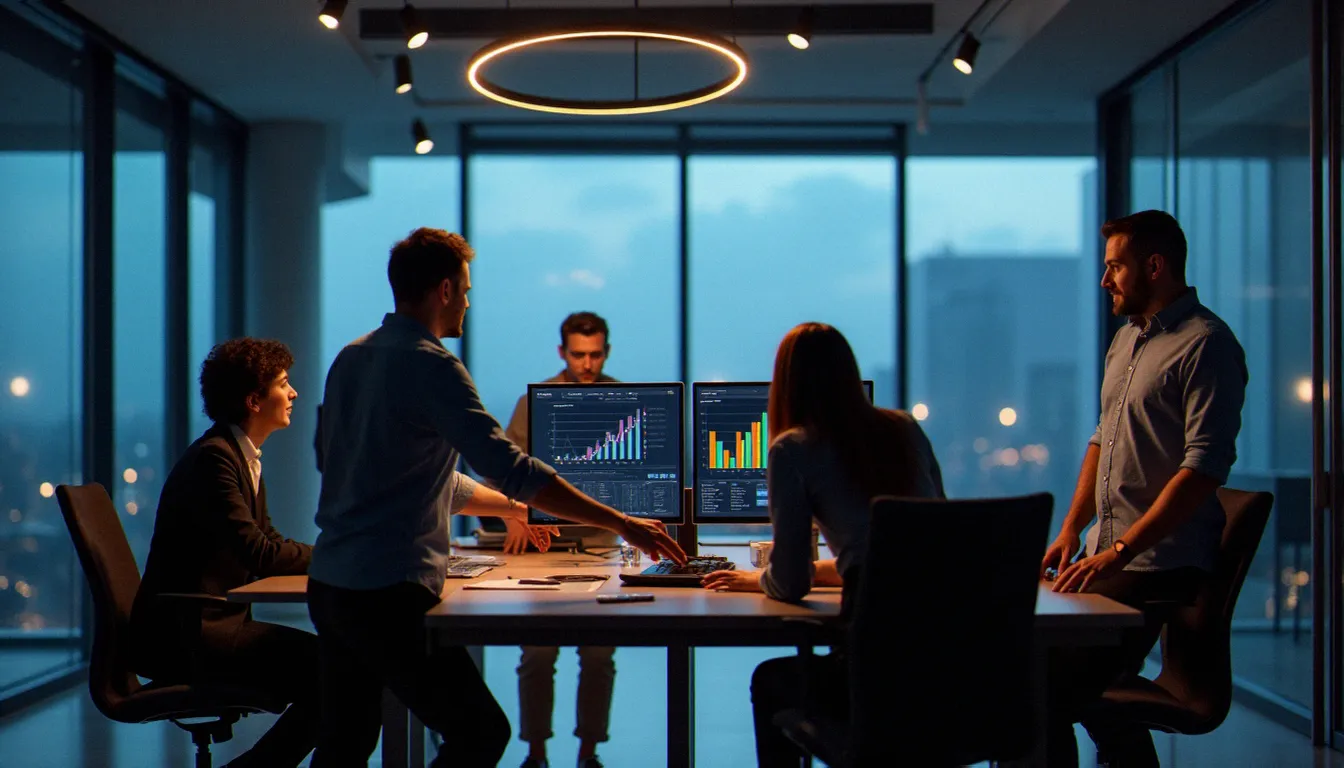 Équipe corporate analysant des indicateurs de performance clés dans un espace de travail contemporain en fin de journée
