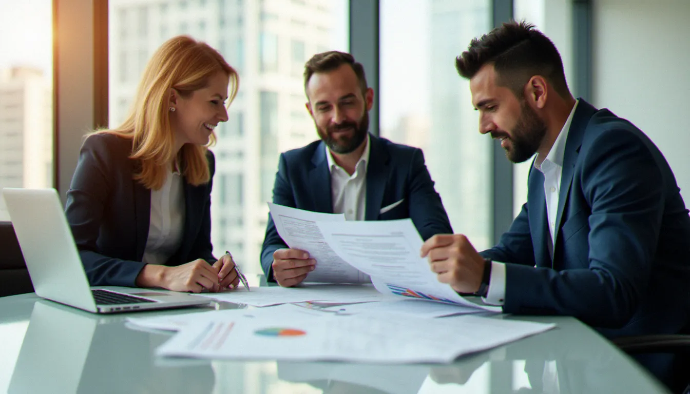 Équipe commerciale B2B analysant des témoignages clients et des avis corporate lors d'une réunion de préparation stratégique en salle de conférence
