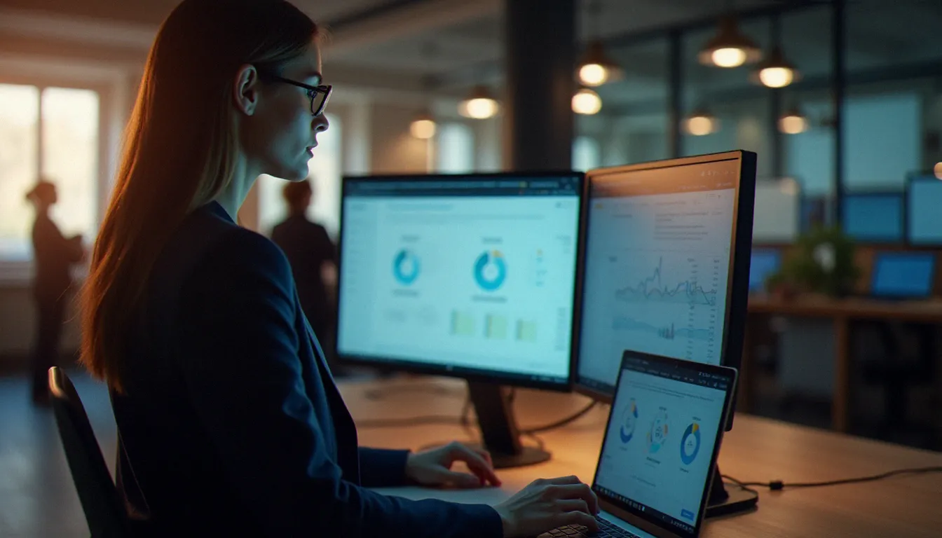 Responsable marketing pilotant les indicateurs de performance du corporate avis co in via des outils d'analyse sur double écran dans un open space parisien moderne