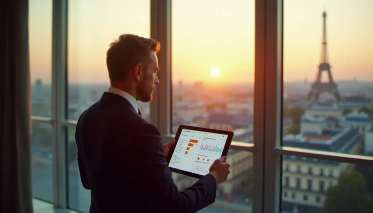 Dirigeant d'entreprise consultant son tableau de bord de corporate avis co in sur une tablette, avec vue panoramique sur Paris depuis un bureau moderne