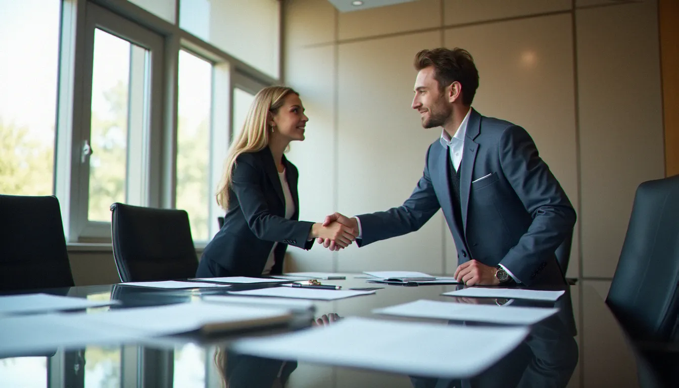 Deux professionnels B2B finalisant un accord de remise corporate lors d'une réunion de négociation en entreprise