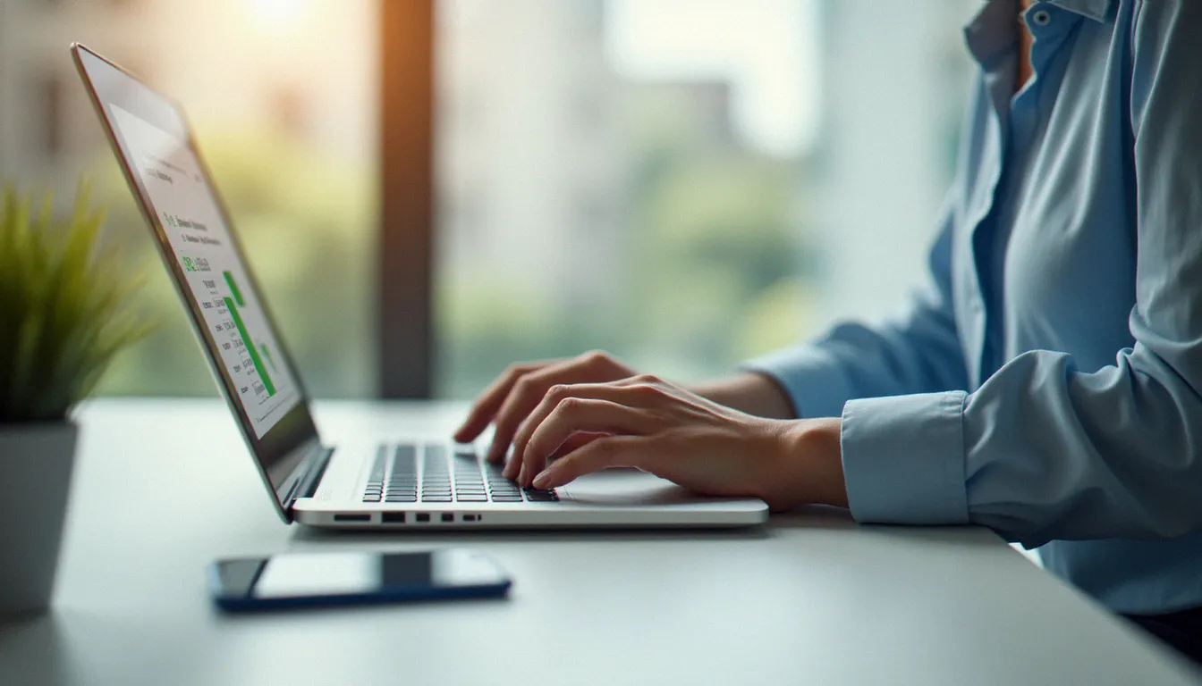 Une responsable achats gérant des codes de réduction corporate depuis un logiciel de procurement sur ordinateur portable dans un bureau épuré
