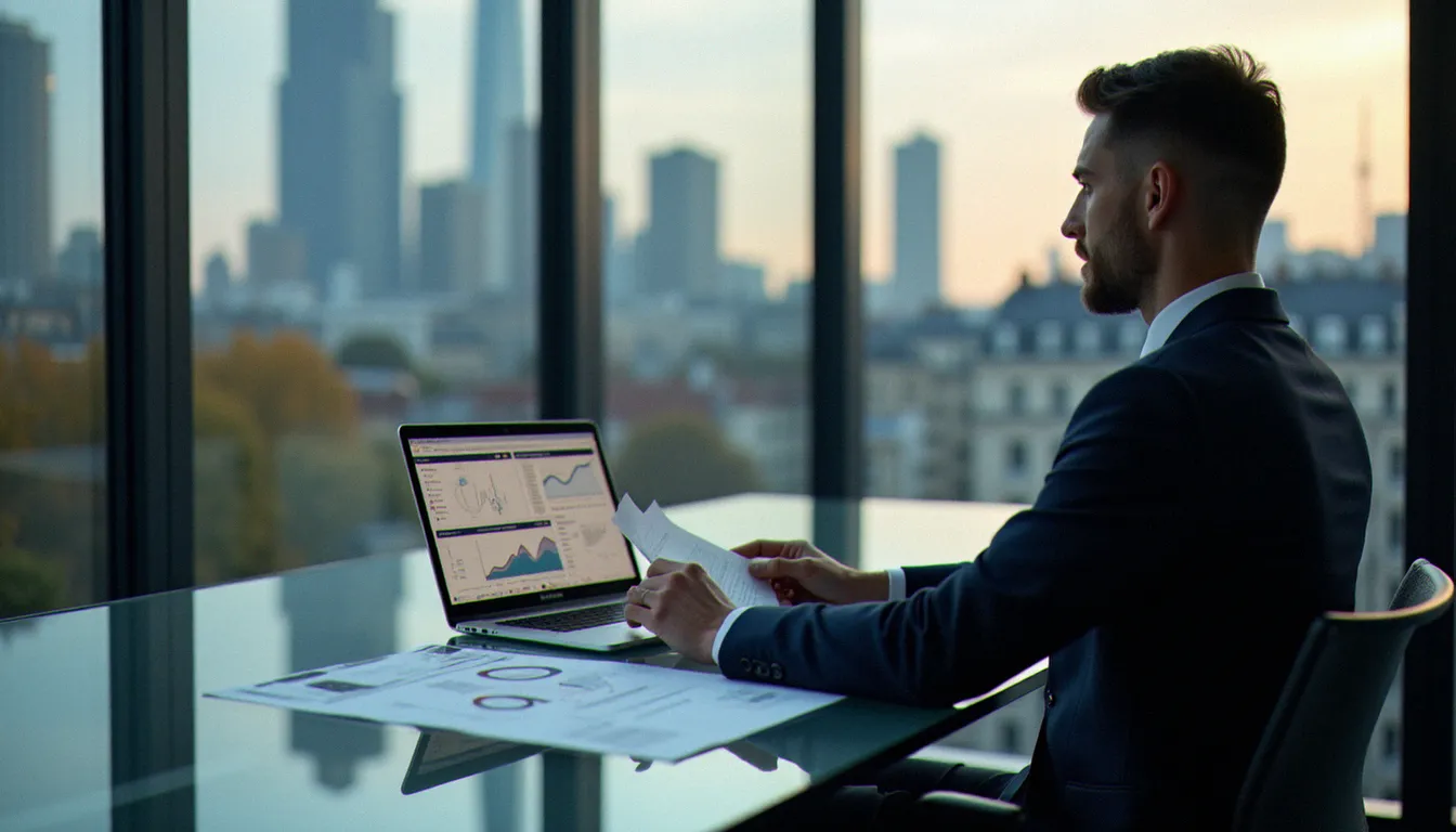 Un dirigeant d'entreprise analysant des données de remises corporate avis discount codes sur ordinateur dans un bureau moderne parisien