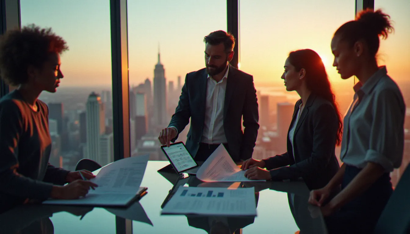 Équipe de professionnels évaluant les critères de qualité d'un service corporate lors d'une réunion stratégique