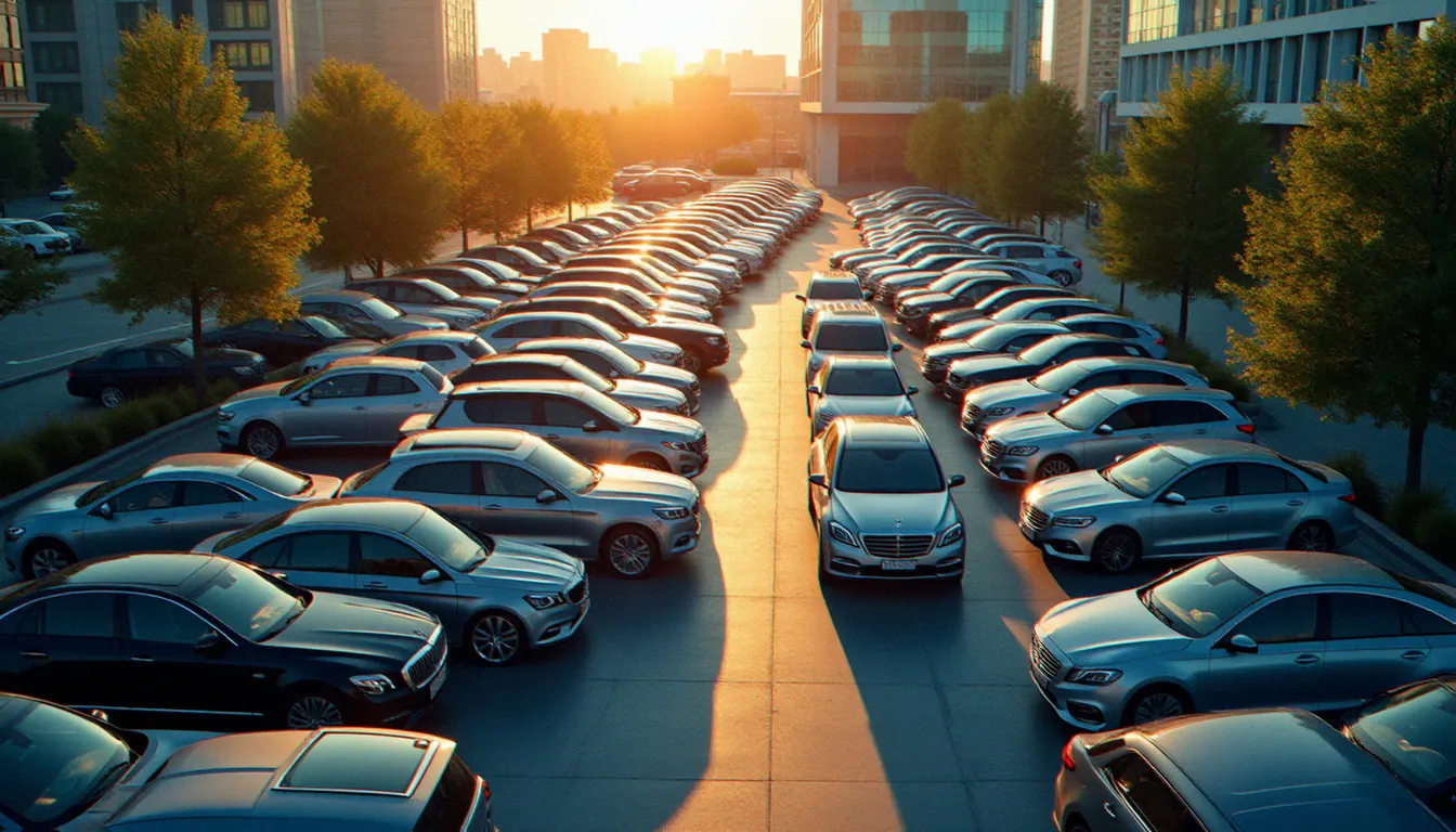 Vue aérienne d'une flotte de véhicules corporate alignés dans un parking d'entreprise, illustrant la gestion structurée d'un programme de location Avis