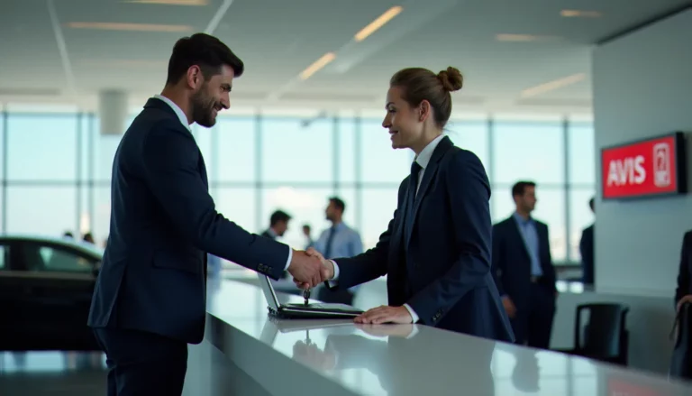 Un cadre en costume récupérant les clés d'un véhicule dans le cadre d'un programme corporate Avis rental car dans un aéroport moderne
