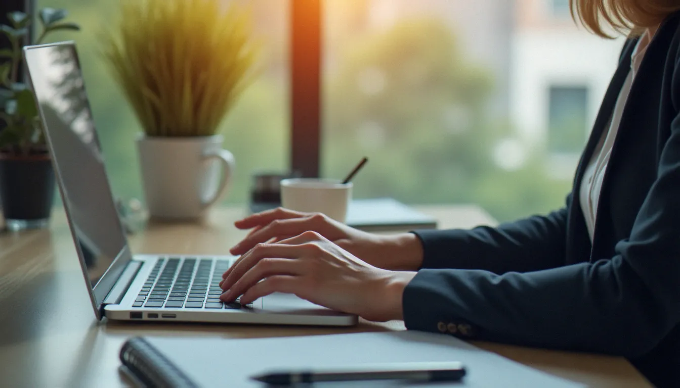 Une responsable voyage saisit un code de réduction corporatif sur son ordinateur portable dans un bureau moderne pour finaliser une réservation Avis
