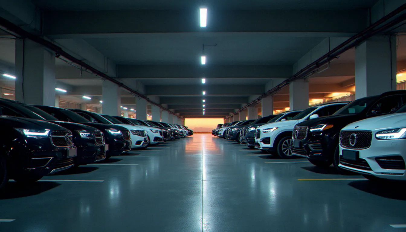 Une rangée de véhicules de location d'entreprise dans un parking couvert moderne, représentant les avantages d'un accord corporate Avis worldwide pour la gestion de flotte