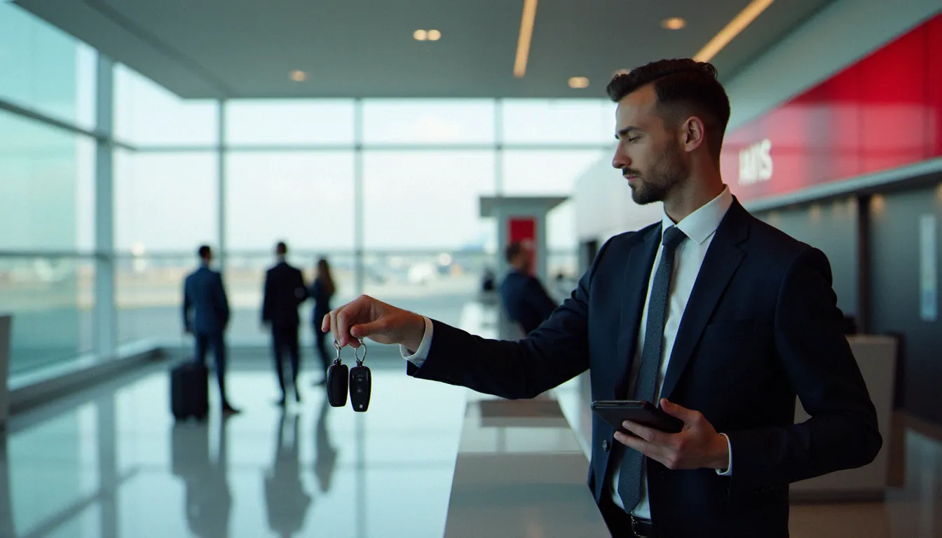 Un voyageur d'affaires récupère les clés d'une voiture de location au comptoir d'un grand aéroport international, illustrant l'usage du corporate Avis worldwide discount number