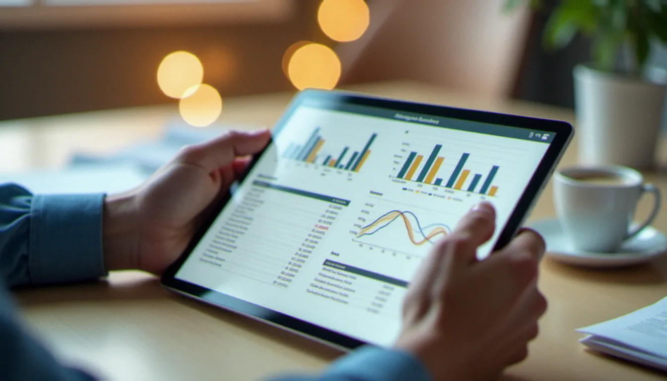 Analyste calculant le cost per mille sur une tablette avec des tableaux de données publicitaires et des graphiques comparatifs en bureau
