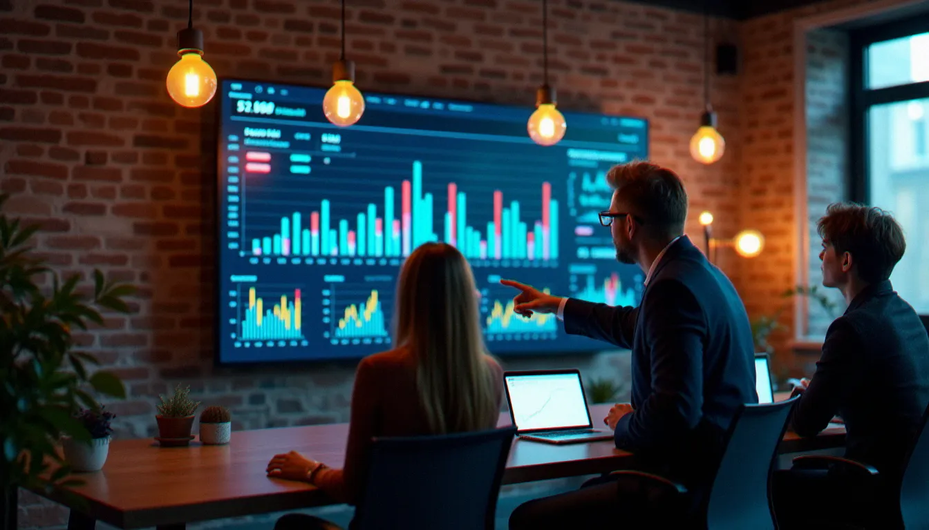 Équipe marketing comparant les données de cost per mille entre différentes plateformes publicitaires sur un écran partagé dans un bureau ouvert moderne