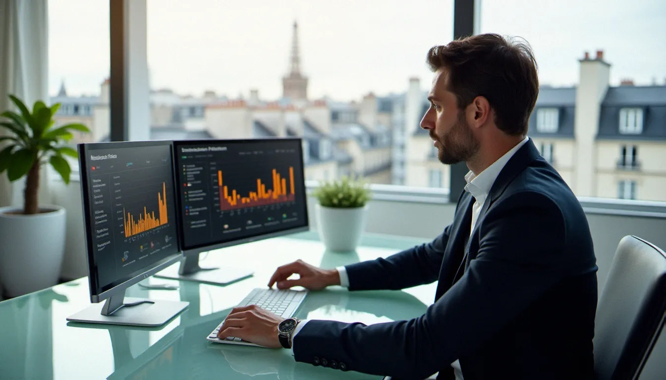 Consultant en stratégie digitale analysant les métriques de cost per mille sur des écrans dans un bureau parisien moderne baigné de lumière naturelle