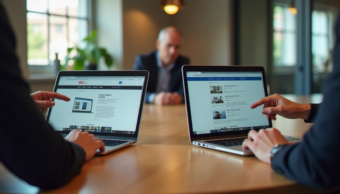 Comparaison côte à côte d'une interface de constructeur de site en libre-service et d'un site web professionnel sur mesure, illustrant les différences de qualité dans la création de site internet