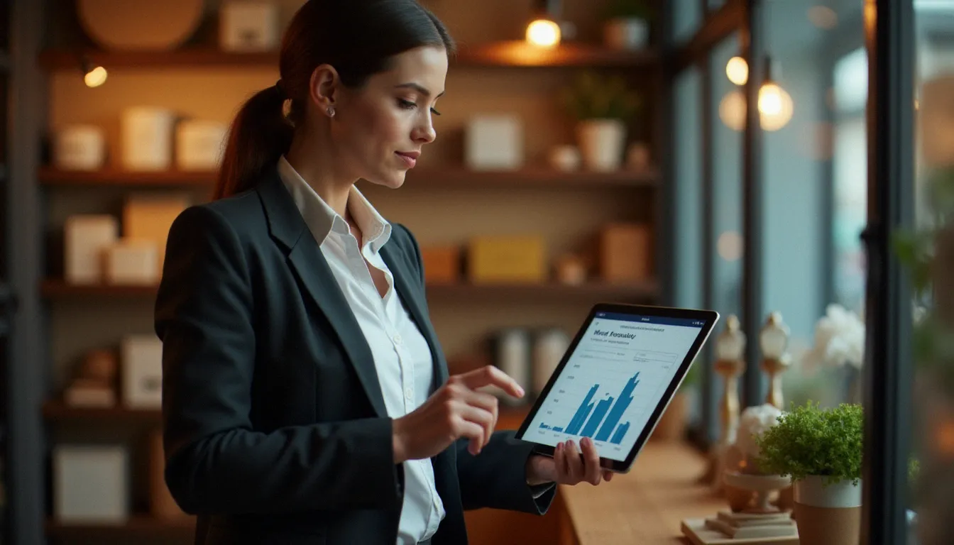 Cheffe d'entreprise consultant les performances de son site internet sur une tablette dans sa boutique, symbolisant les enjeux stratégiques d'une présence web performante pour les PME