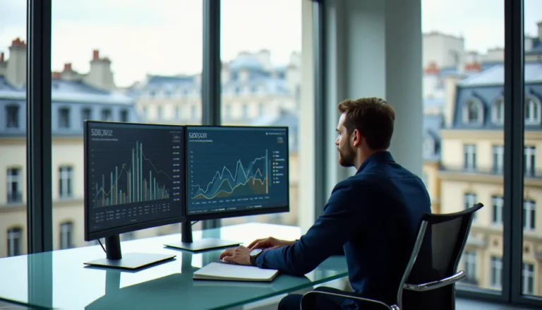Consultant SEO analysant des données de netlinking et des métriques ereferer sur deux écrans dans un bureau parisien moderne