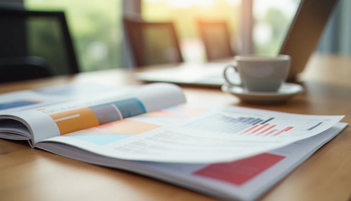 Brochure corporate en flat design posée sur une table de réunion avec des éléments d'identité visuelle épurés et une typographie claire