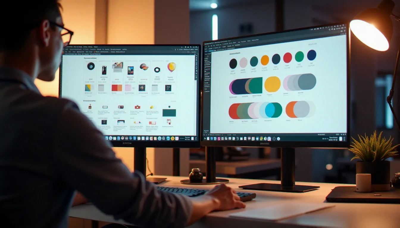 Double écran de designer affichant un guide de style de marque en flat design avec palettes chromatiques, typographies et système d'icônes géométriques