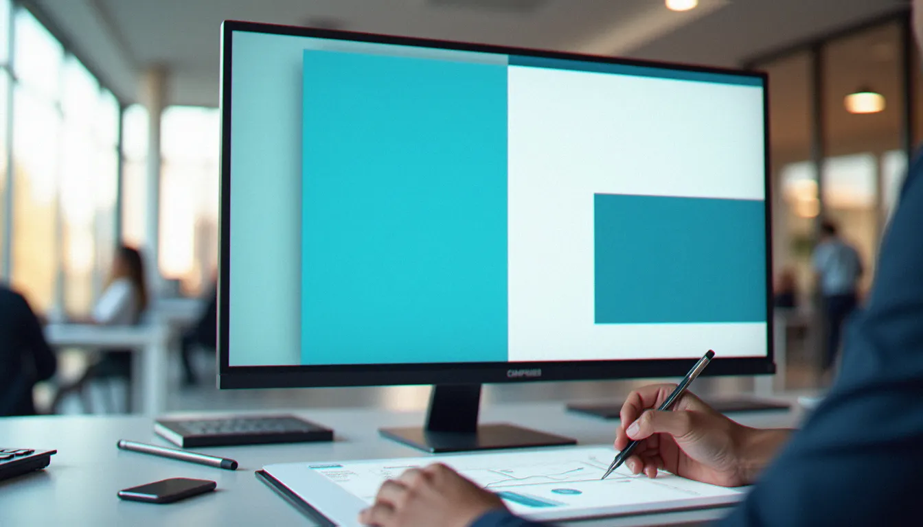 Espace de travail professionnel avec un écran affichant une interface en flat design aux formes géométriques épurées et couleurs franches