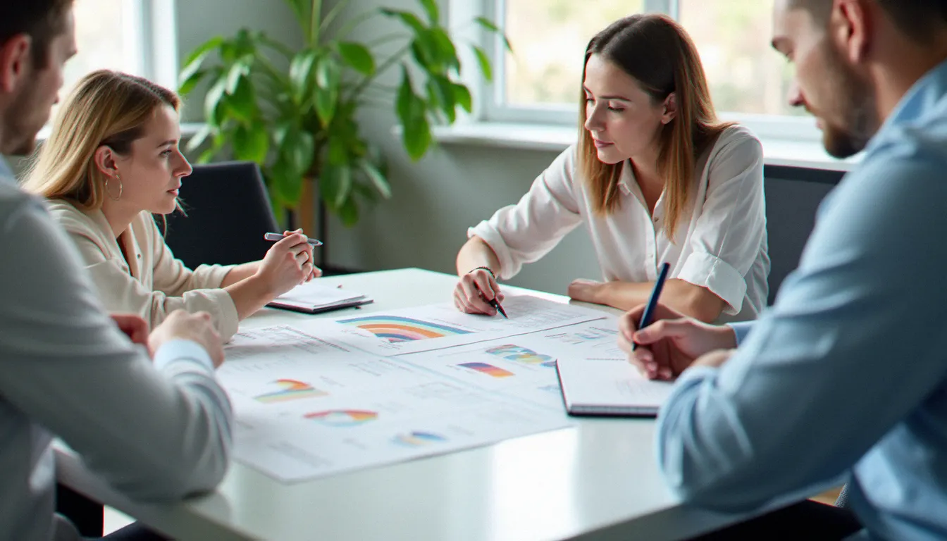 Équipe marketing B2B réunissant trois professionnels autour d'une table pour analyser les étapes d'un funnel de conversion et aligner leurs stratégies
