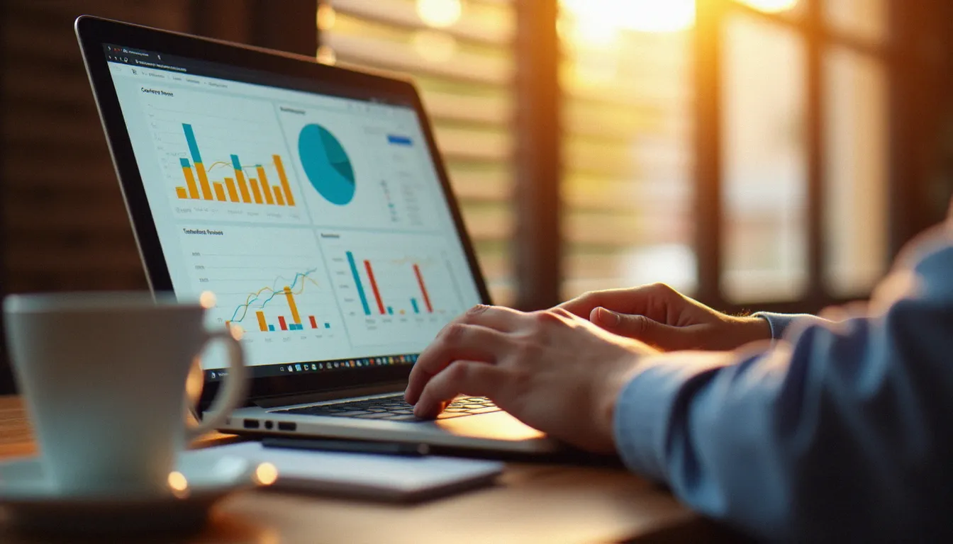 Analyste business consultant des tableaux de bord de performance d'un funnel de vente sur ordinateur portable, avec des graphiques de taux de conversion visibles à l'écran