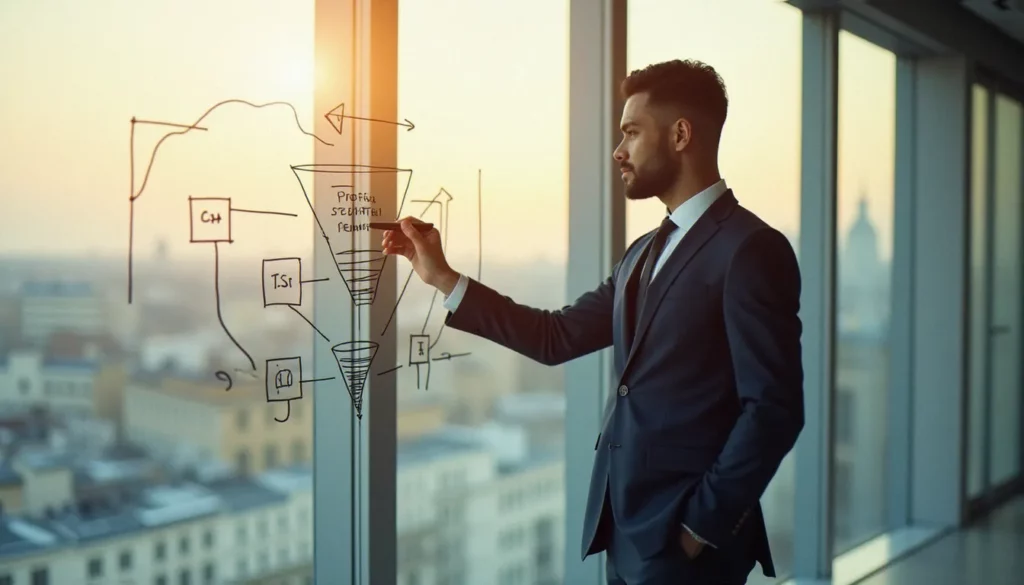 funnel featured Consultant en stratégie B2B dessinant un schéma de funnel marketing structuré sur un tableau vitré dans un bureau parisien moderne baigné de lumière naturelle