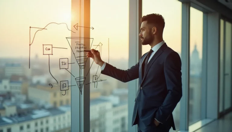 Consultant en stratégie B2B dessinant un schéma de funnel marketing structuré sur un tableau vitré dans un bureau parisien moderne baigné de lumière naturelle