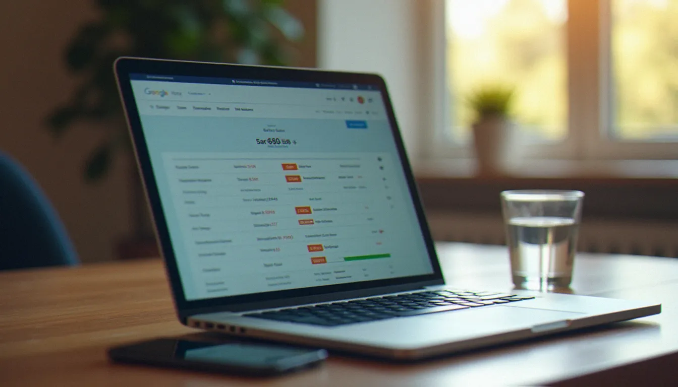 Écran d'ordinateur affichant le système d'enchères Google Ads avec des scores de qualité et des métriques de classement publicitaire