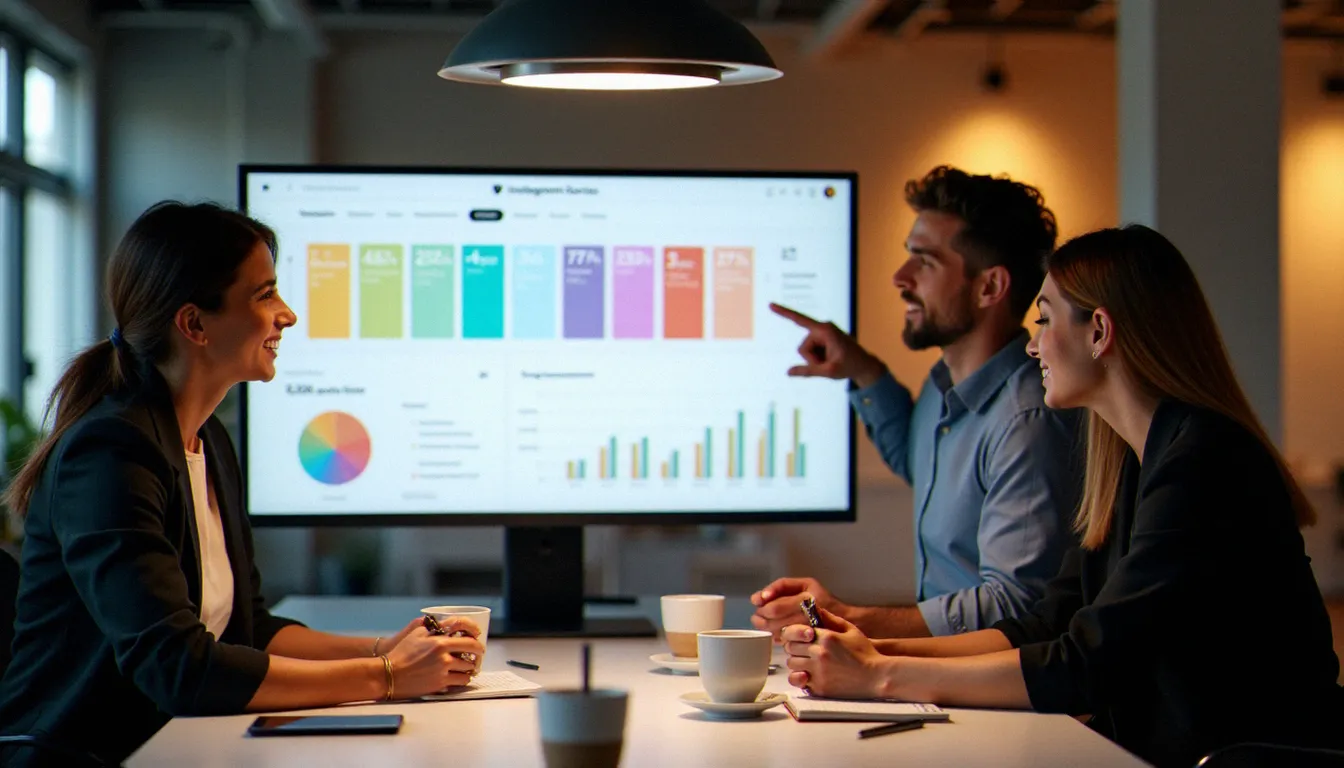 Une équipe marketing réunie autour d'un écran pour analyser les métriques de leurs insta stories dans un bureau moderne
