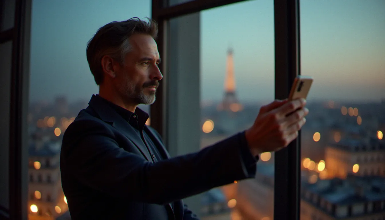 Un dirigeant d'entreprise filmant des insta stories en selfie vidéo depuis un bureau parisien en hauteur avec la ville en arrière-plan au coucher du soleil