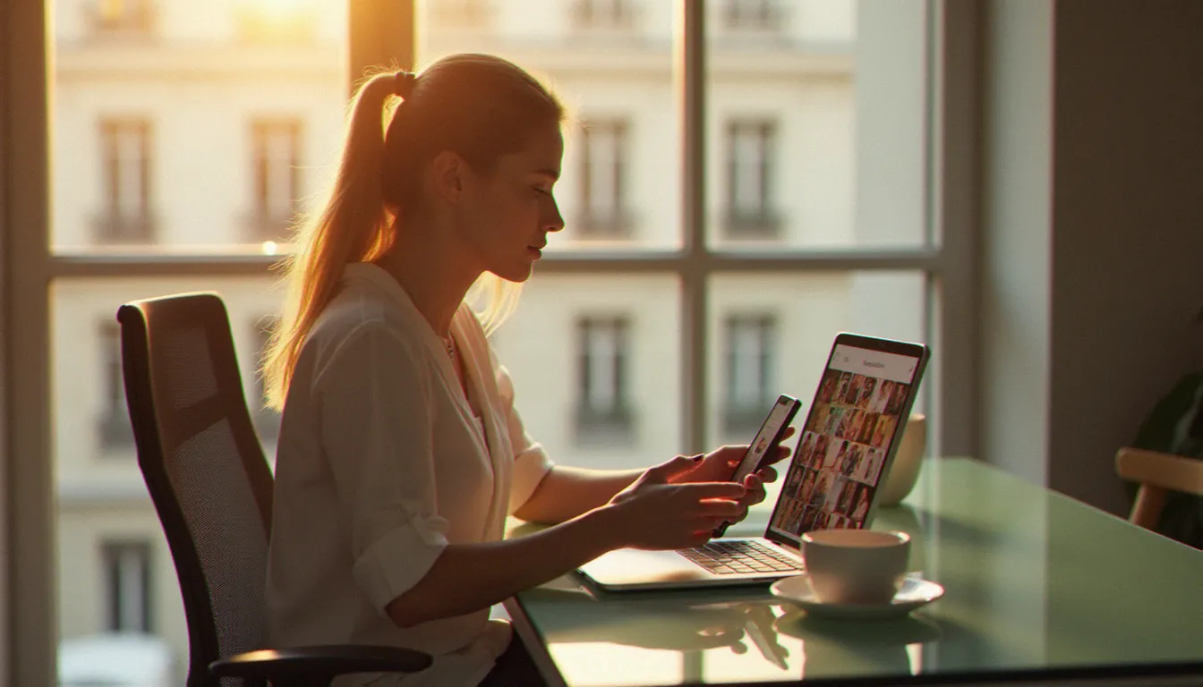 Une professionnelle consultant des insta stories sur smartphone dans un bureau parisien lumineux aux grandes fenêtres