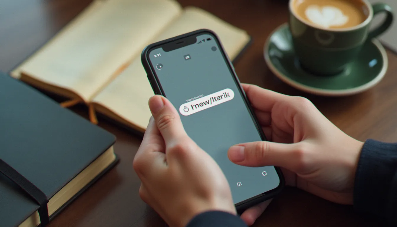 Mains tapant une URL de lien raccourci personnalisé dans un navigateur mobile posé sur un bureau en bois sombre avec carnet et café