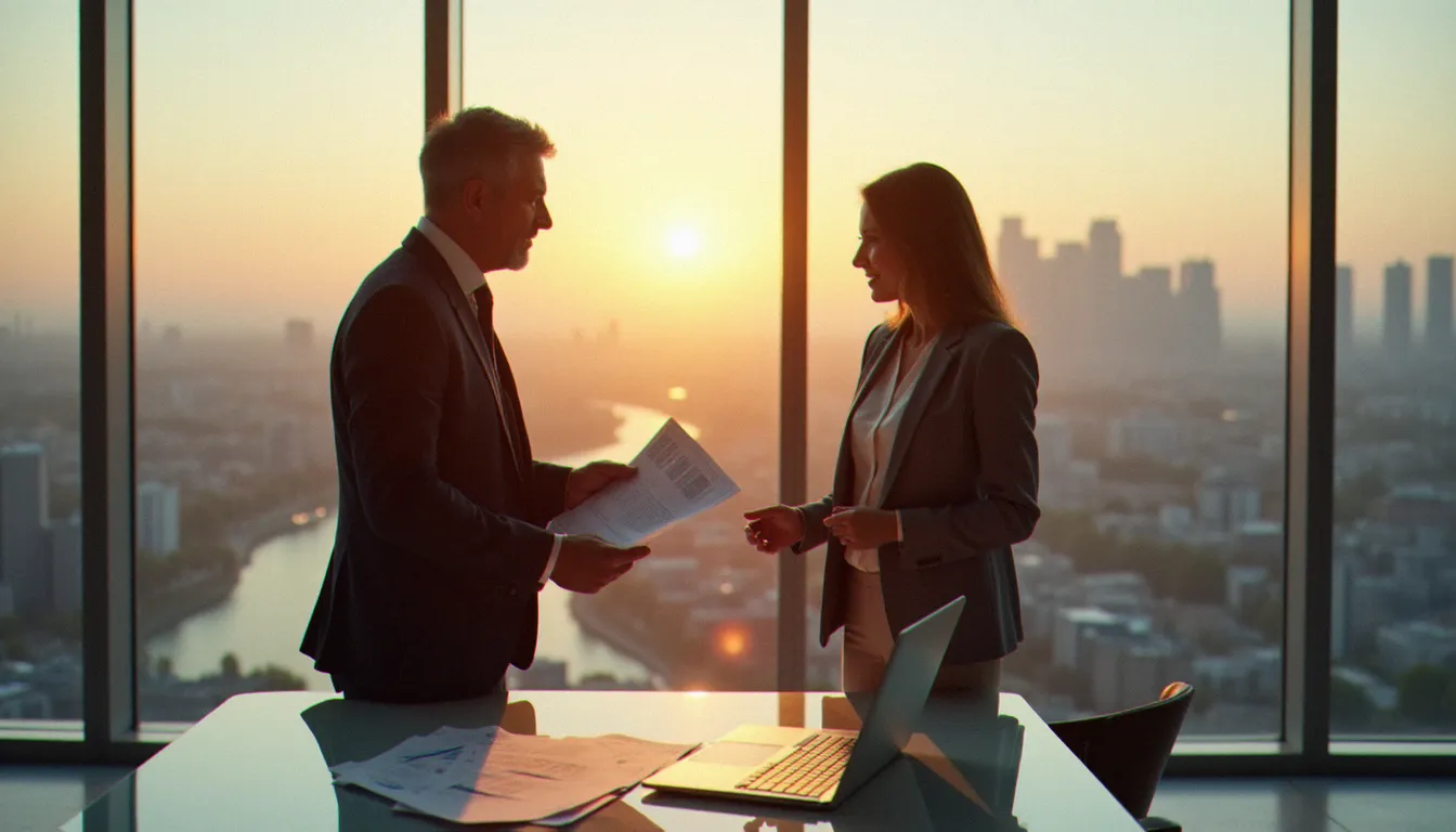 Deux dirigeants B2B élaborant ensemble une stratégie de développement commercial intégrant LinkedIn Premium dans un espace de réunion contemporain