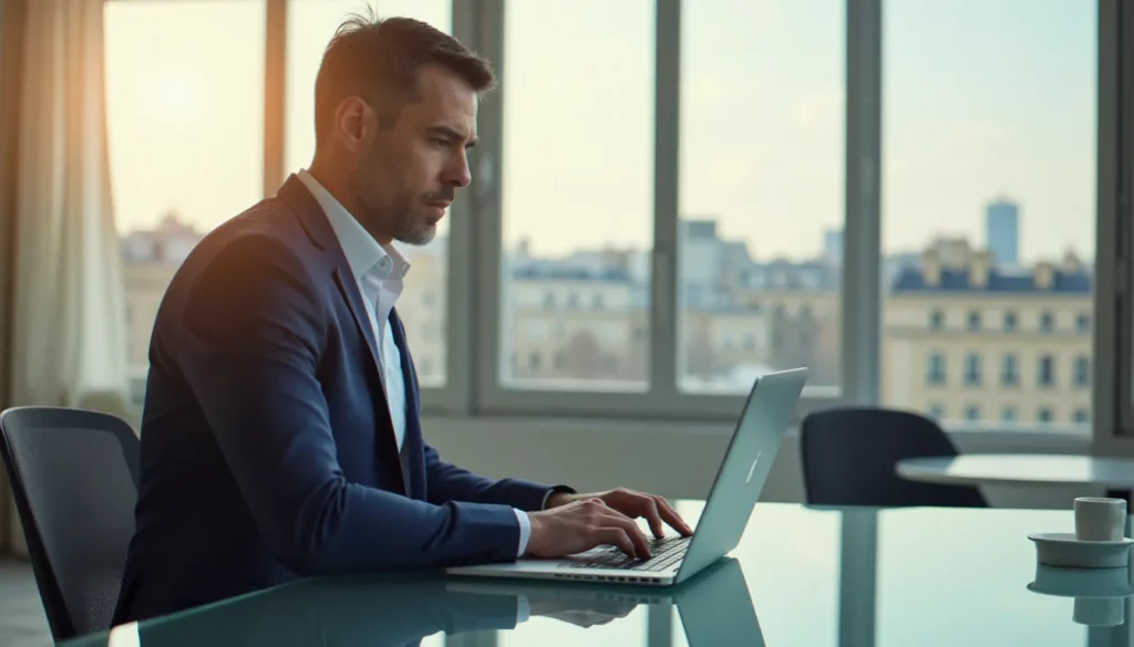 linkedin premium featured Consultant professionnel utilisant LinkedIn Premium sur son ordinateur portable dans un bureau moderne et lumineux à Paris