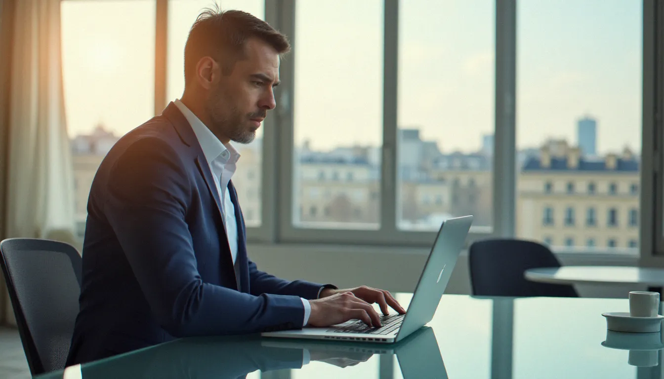 Consultant professionnel utilisant LinkedIn Premium sur son ordinateur portable dans un bureau moderne et lumineux à Paris