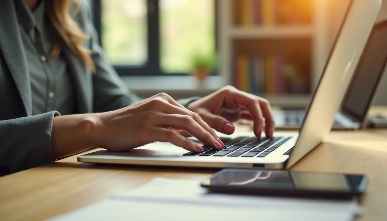 Mains féminines tapant sur un clavier d'ordinateur portable avec un smartphone affichant une notification d'email, illustrant la gestion quotidienne de campagnes Mailchimp