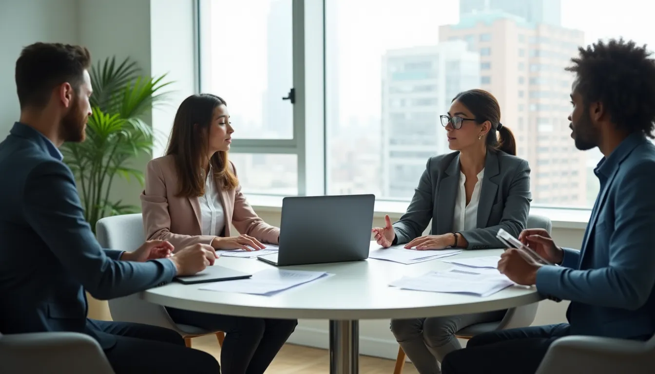 Équipe de trois professionnels en PME analysant ensemble les résultats de leurs campagnes Mailchimp lors d'une réunion stratégique dans une salle de conférence lumineuse