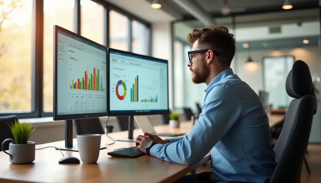mailchimp featured Professionnel du marketing analysant les statistiques d'une campagne Mailchimp sur un écran d'ordinateur dans un bureau moderne et lumineux