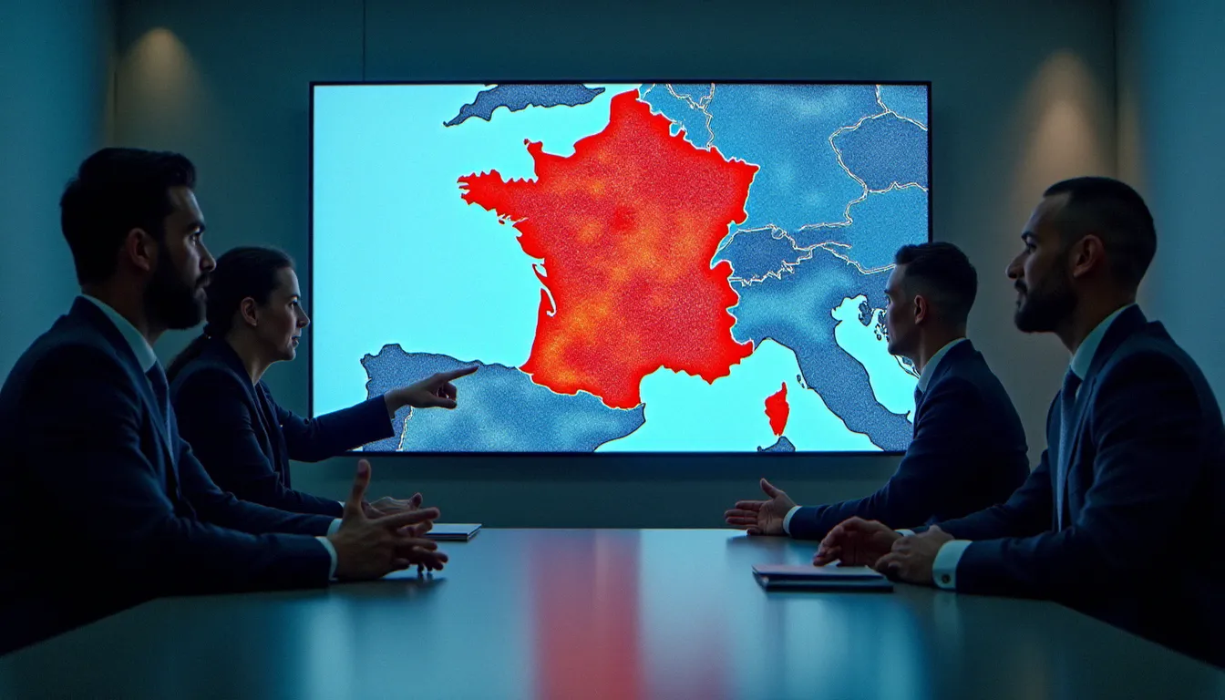 Salle de réunion stratégique avec une geo map heat de la France affichée sur grand écran, montrant des zones rouges concentrées sur les métropoles, trois professionnels en discussion