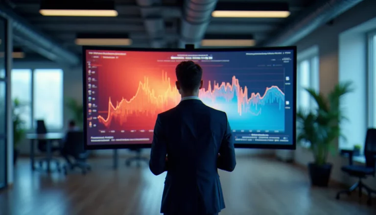 Analyste consultant devant un écran affichant une map heat colorée superposée à une interface web, dans un bureau parisien moderne