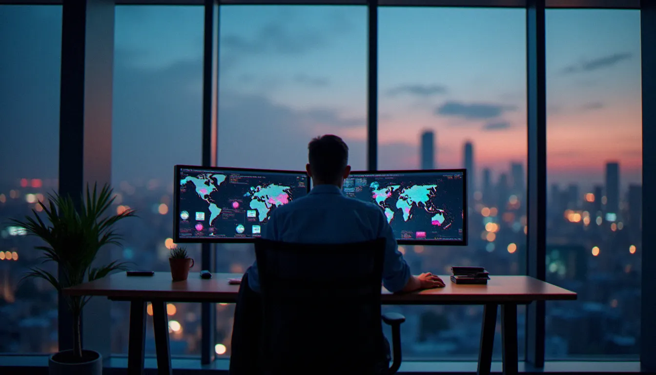 Stratège travaillant seul en soirée sur les axes d'un mapping concurrentiel avec deux écrans affichant des graphiques de positionnement et vue sur la ville