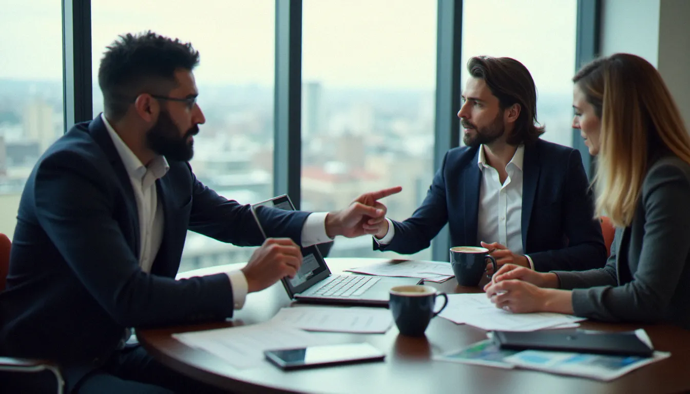 Équipe B2B en réunion stratégique pour définir leur plan de marketing alternatif dans une salle de réunion lumineuse avec vue urbaine