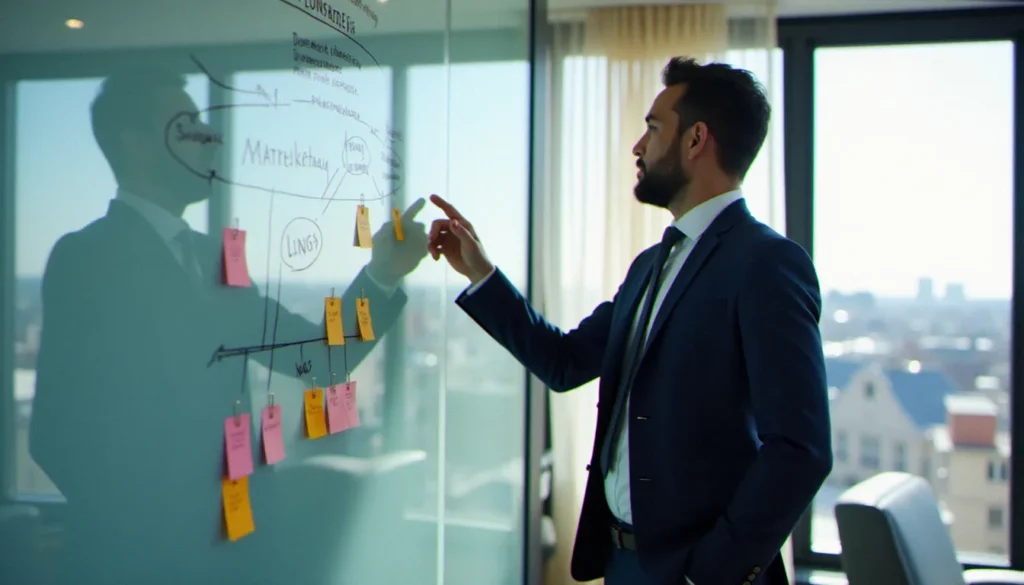 marketing alternatif featured Un consultant en marketing alternatif analysant une stratégie de contenu sur un tableau blanc dans un bureau parisien lumineux avec vue sur la ville
