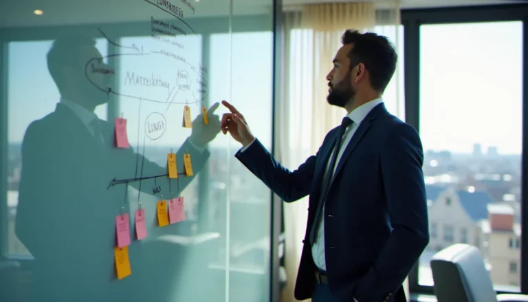 Un consultant en marketing alternatif analysant une stratégie de contenu sur un tableau blanc dans un bureau parisien lumineux avec vue sur la ville
