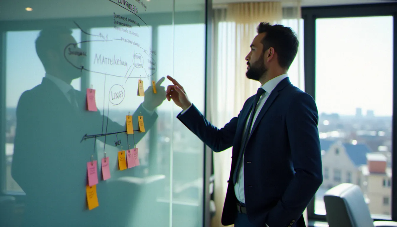 Un consultant en marketing alternatif analysant une stratégie de contenu sur un tableau blanc dans un bureau parisien lumineux avec vue sur la ville
